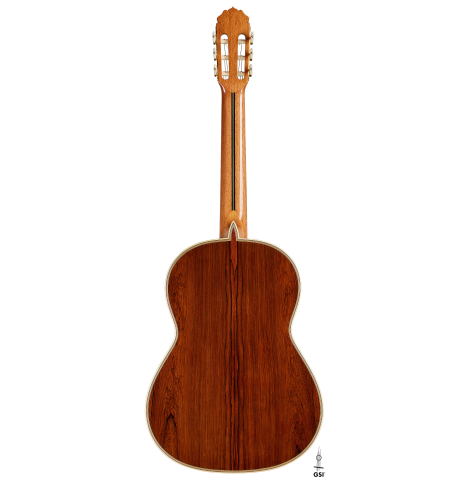 The back of a 2025 Teodoro Perez "Especial" classical guitar made of spruce and African rosewood.