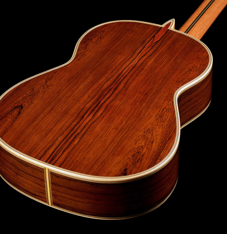 The back and sides of a 2025 Teodoro Perez "Especial" classical guitar made of spruce and African rosewood.