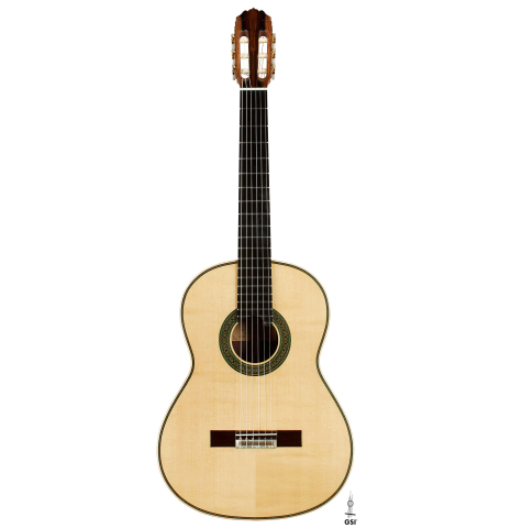 The front of a 2025 Teodoro Perez "Especial" classical guitar made of spruce and African rosewood.