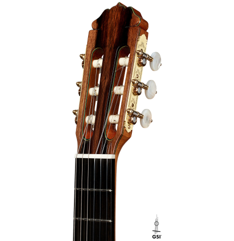 The headstock of a 2025 Teodoro Perez "Especial" classical guitar made of spruce and African rosewood.