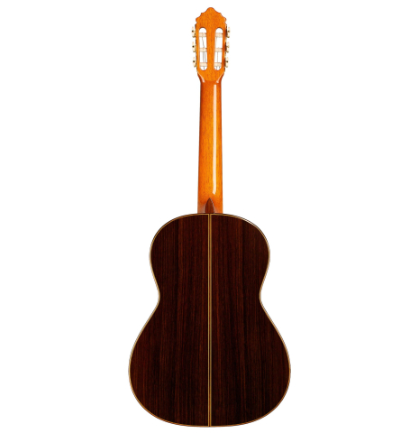 The back of a 2013 Teodoro Perez "Madrid" classical guitar made of spruce and Indian rosewood