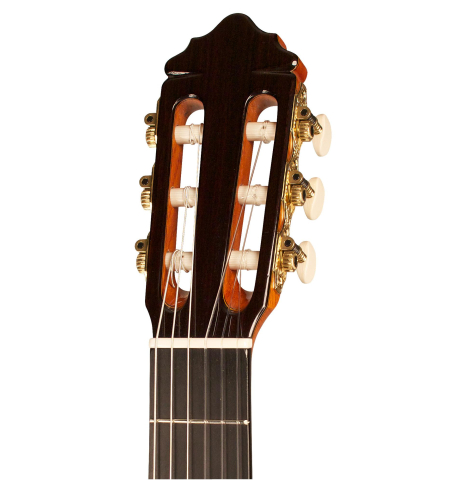 The headstock of a 2013 Teodoro Perez "Madrid" classical guitar made of spruce and Indian rosewood