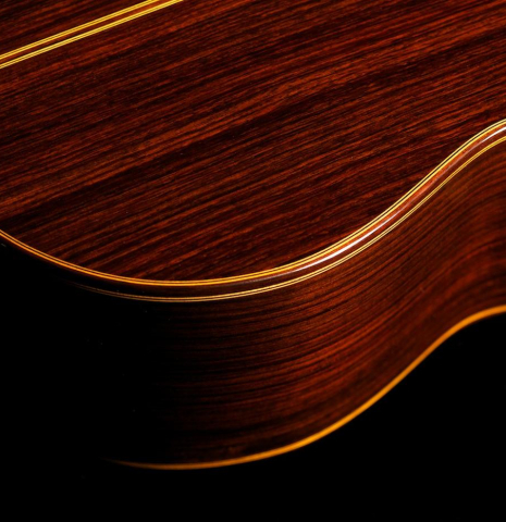The back and side binding and purfling of a 2013 Teodoro Perez "Madrid" classical guitar made of spruce and Indian rosewood