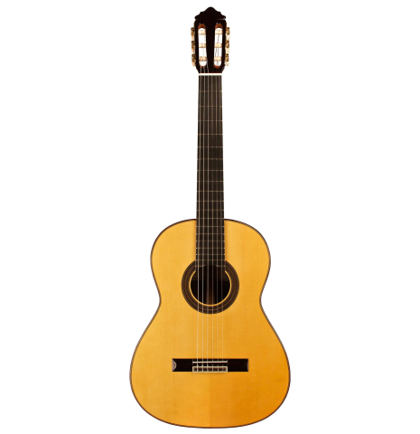 The front of a 2013 Teodoro Perez "Madrid" classical guitar made of spruce and Indian rosewood