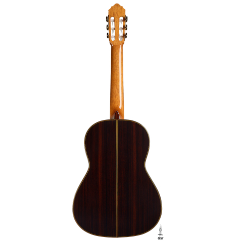 The back of a 2025 Teodoro Perez "Madrid" classical guitar made of cedar and Indian rosewood