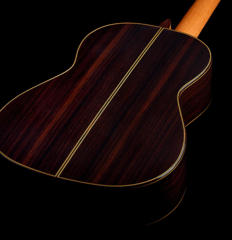 The back and sides of a 2025 Teodoro Perez "Madrid" classical guitar made of cedar and Indian rosewood