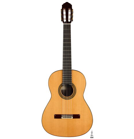 The front of a 2025 Teodoro Perez "Madrid" classical guitar made of cedar and Indian rosewood