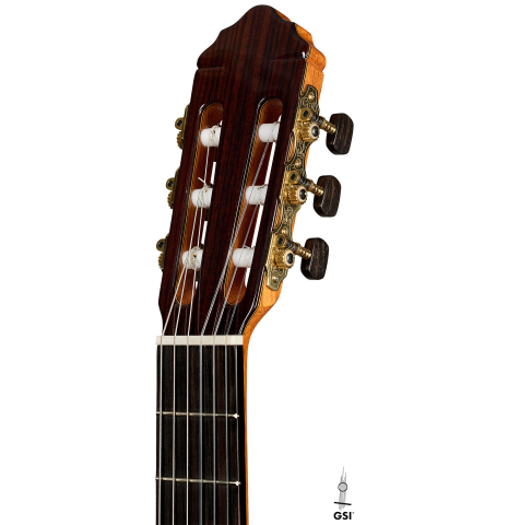 The headstock of a 2025 Teodoro Perez "Madrid" classical guitar made of cedar and Indian rosewood