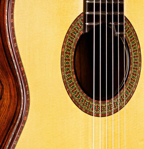 This is the front of a 2015 Teodoro Perez &quot;Especial&quot; classical guitar made with spruce and cocobolo