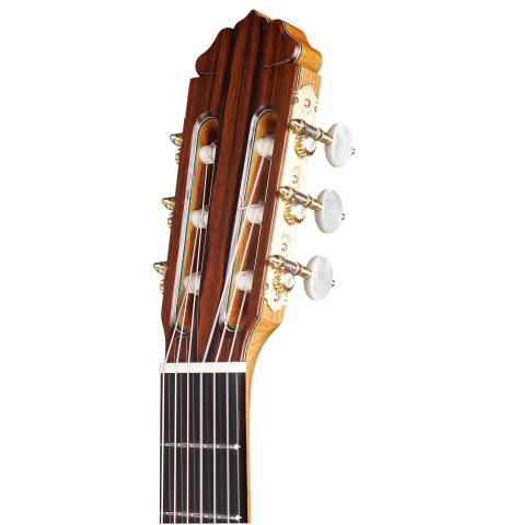 This is the headstock of a 2015 Teodoro Perez &quot;Especial&quot; SP/CO classical guitar on a white background
