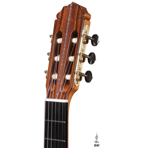 The headstock of a 2020 Teodoro Perez "Especial Aniversario" classical guitar made of spruce and cocobolo