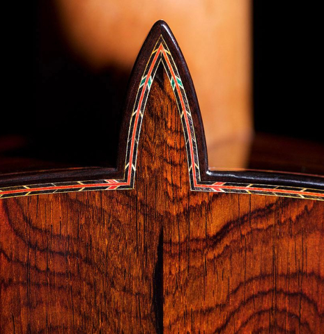 The heel and purflings of a 2020 Teodoro Perez "Especial Aniversario" classical guitar made of spruce and cocobolo