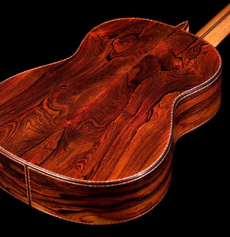 The back and sides of a 2020 Teodoro Perez "Especial Aniversario" classical guitar made of spruce and cocobolo