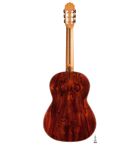 The back of a 2020 Teodoro Perez "Especial Aniversario" classical guitar made of spruce and cocobolo