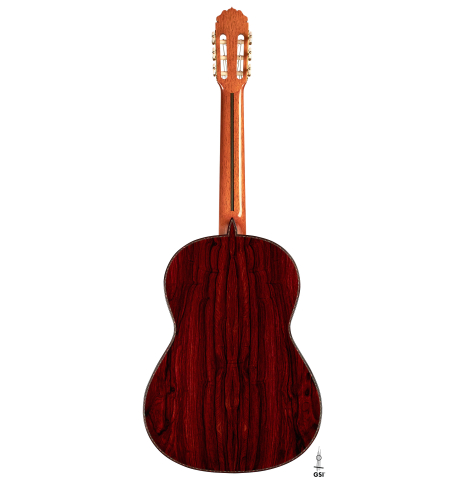The back of a 2022 Teodoro Perez &quot;Especial&quot; classical guitar made of spruce and cocobolo