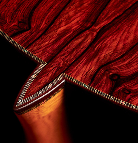 The heel and inlay of a 2022 Teodoro Perez "Especial" classical guitar made of spruce and cocobolo