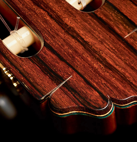 The headstock and tuners of a 2022 Teodoro Perez "Especial" classical guitar made of spruce and cocobolo