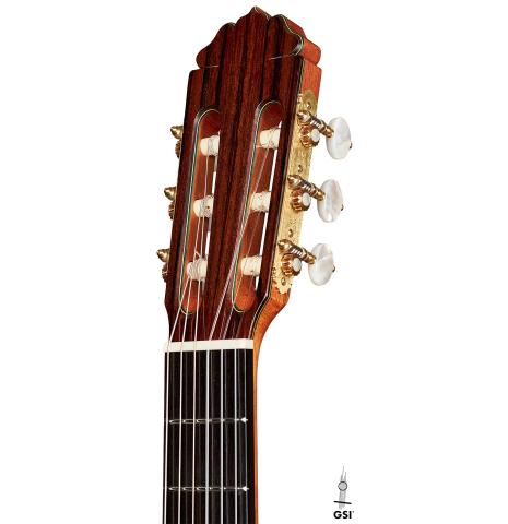 The headstock of a 2022 Teodoro Perez &quot;Especial&quot; classical guitar made of spruce and cocobolo