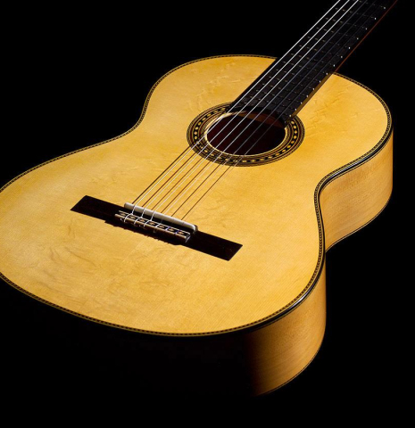 The front of a 2020 Erez Perelman classical guitar made of spruce and cypress