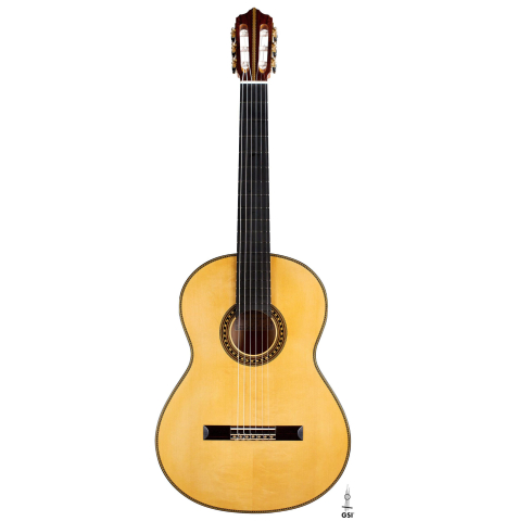 The front of a 2020 Erez Perelman classical guitar made of spruce and cypress