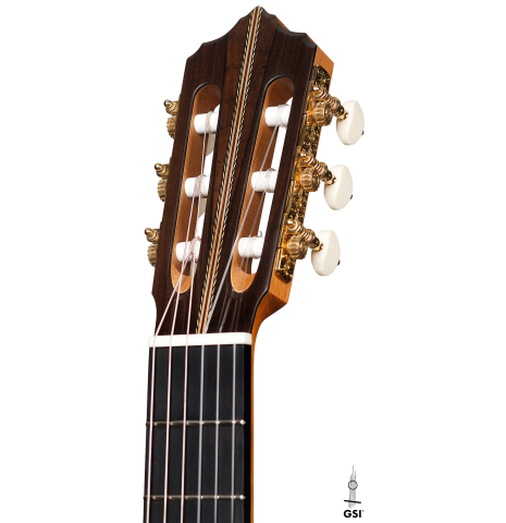The headstock of a 2021 Erez Perelman classical guitar made of spruce and cypress