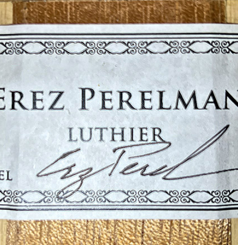 The label of a 2021 Erez Perelman classical guitar made of spruce and cypress