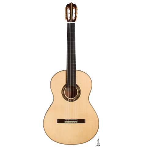 The front of a 2021 Erez Perelman classical guitar made of spruce and cypress