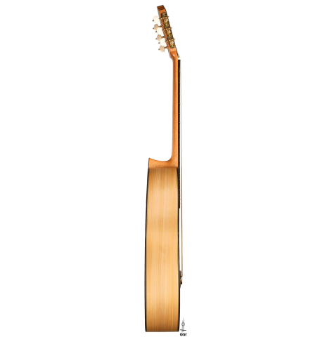 The side of a 2021 Erez Perelman classical guitar made of spruce and cypress