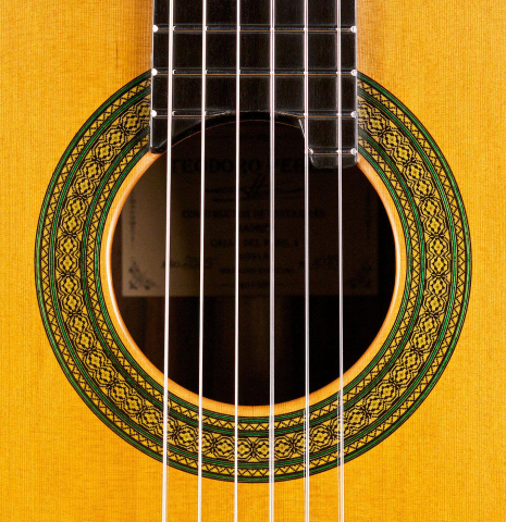 The rosette of a 2015 Teodoro Perez "Especial Maple" classical guitar made of cedar and CSA rosewood