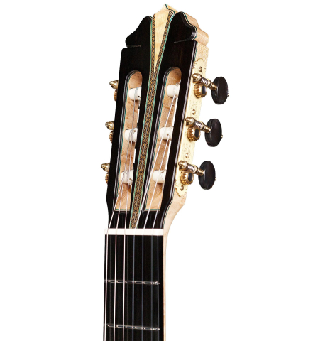 The headstock of a 2015 Teodoro Perez "Especial Maple" classical guitar made of cedar and CSA rosewood