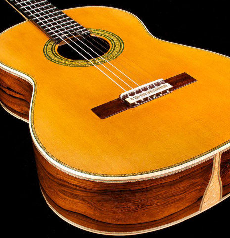 The top and sides of a 2015 Teodoro Perez "Especial Maple" classical guitar made of cedar and CSA rosewood