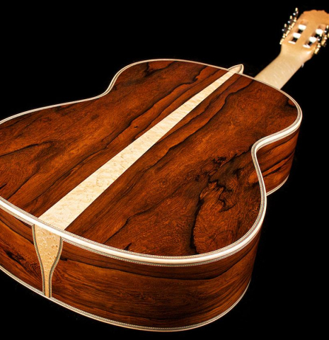 The back and sides of a 2015 Teodoro Perez "Especial Maple" classical guitar made of cedar and CSA rosewood