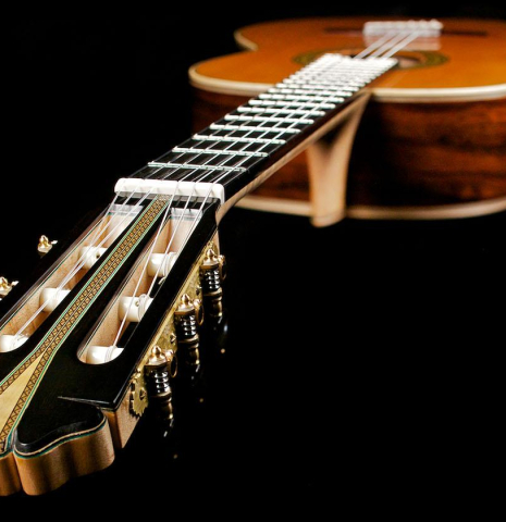 View from the headstock of a 2015 Teodoro Perez "Especial Maple" classical guitar made of cedar and CSA rosewood