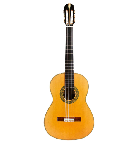 The front of a 2015 Teodoro Perez "Especial Maple" classical guitar made of cedar and CSA rosewood