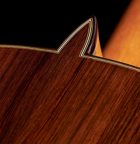 The heel and back purfling of a 2024 Teodoro Perez "Antigua" classical guitar made of spruce and African rosewood