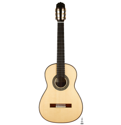 The front of a 2024 Teodoro Perez "Antigua" classical guitar made of spruce and African rosewood
