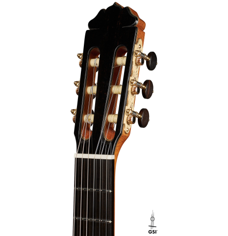 The headstock of a 2024 Teodoro Perez "Antigua" classical guitar made of spruce and African rosewood