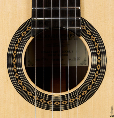 The rosette of a 2024 Teodoro Perez "Antigua" classical guitar made of spruce and African rosewood