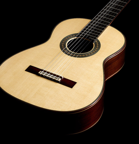 The soundboard of a 2024 Teodoro Perez "Antigua" classical guitar made of spruce and African rosewood