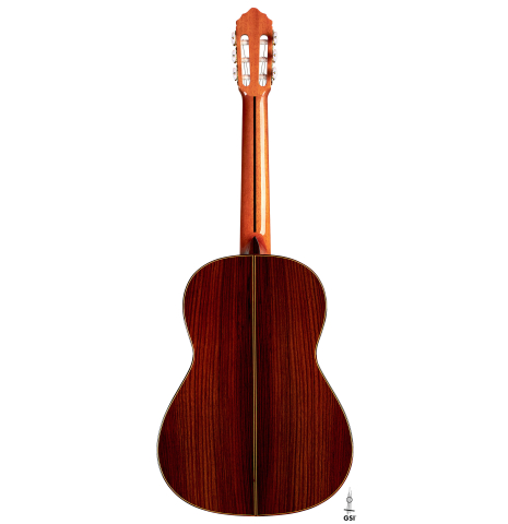 The back of a 2022 Teodoro Perez "Estudio C-650" classical guitar model made with cedar and Indian rosewood