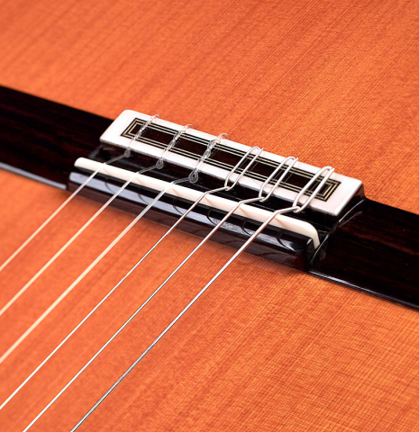 The bridge and saddle of a 2022 Teodoro Perez "Estudio C-650" model made with cedar and Indian rosewood