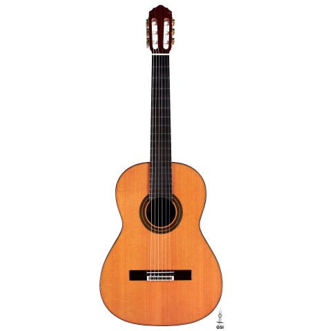 The front of a 2022 Teodoro Perez "Estudio C-650" classical guitar model made with cedar and Indian rosewood
