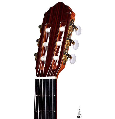 The headstock and machine heads of a 2022 Teodoro Perez &quot;Estudio C-650&quot; classical guitar model made with cedar and Indian rosewood