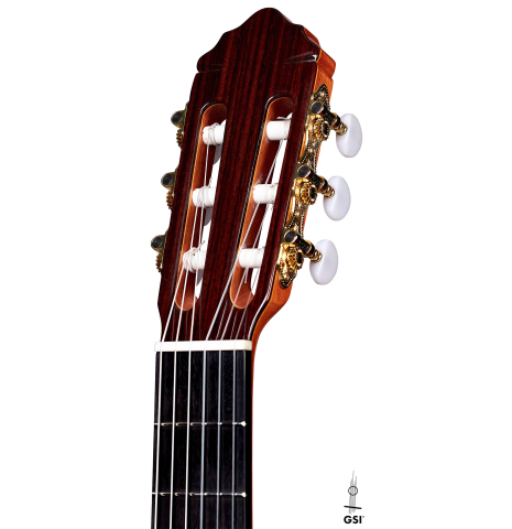 The headstock and machine heads of a 2022 Teodoro Perez "Estudio C-650" classical guitar model made with cedar and Indian rosewood