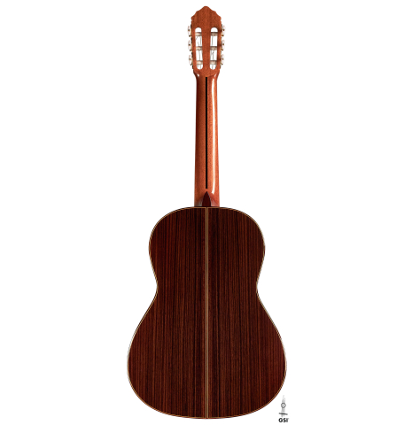 The back of a 2023 Teodoro Perez "Estudio C-650" classical guitar made of cedar and Indian rosewood on a white background.
