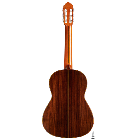 The back of a 2024 Teodoro Perez "Estudio C-650" classical guitar made of cedar and Indian rosewood on a white background.