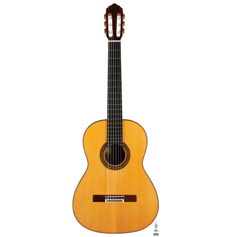 The front of a 2024 Teodoro Perez "Estudio C-650" classical guitar made of cedar and Indian rosewood on a white background.