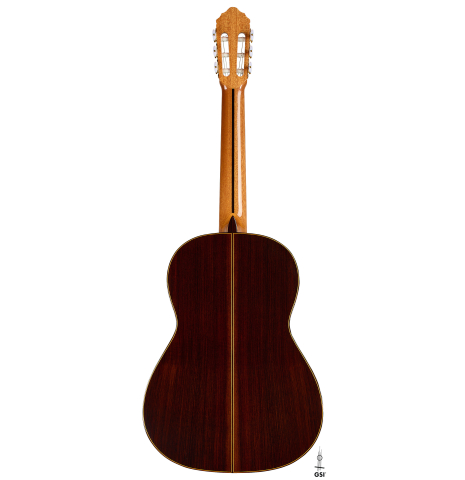 The back of a 2025 Teodoro Perez "Estudio C-650" classical guitar made of cedar and Indian rosewood.