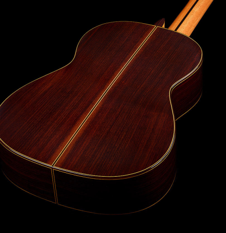 The back and sides of a 2025 Teodoro Perez "Estudio C-650" classical guitar made of cedar and Indian rosewood.