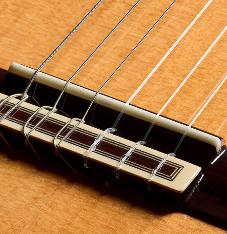 The bridge, tie-block and saddle of a 2025 Teodoro Perez "Estudio C-650" classical guitar made of cedar and Indian rosewood.